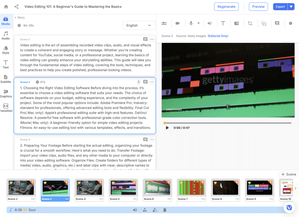 Visla's scene-based editing interface, where users can continue to refine their video project.